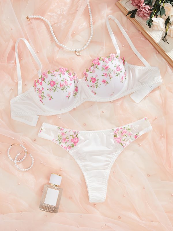 Elegant Lingerie Set, Floral Embroidery Push Up Cami Bra & Panties, Women's Lingerie & Underwear