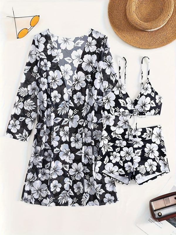Floral Print Sexy Bikini Set with Cover-Up, Long Sleeve, High Stretch Nylon and Polyester Swimwear for Women - Machine Washable - Image 7