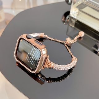 Rose Golden Star Pattern Watch Band with Artificial Gemstone, Adjustable Cord Buckle Clasp, Anti-Fall Protective Case, Compatible with iWatch Series 1-10, Valentine'S & Mother'S Day Gift - 38/40/41/42/44/45/46/49mm
