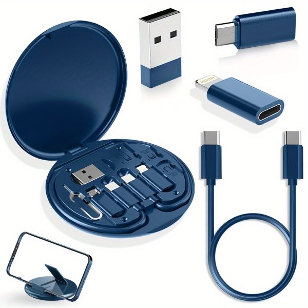 [60W Fast Charging Data Cable] 5-in-1 Mini Data Cable Storage Box, Including 60W Fast Charging USB Cable Set, Silicone Type-C Adapter and Card Slot, Suitable for iPhone 15/15 Pro Max/14 Pro Max/13/12/11, etc., Can be Used for Data Transmission, Storage Card, Tray Pop-up Screw - with Mobile Phone Holder - Image 4