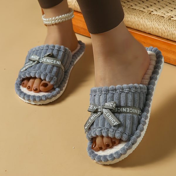 Women's All-Season Open-Toe Slip-On Slippers with Bow Detail - Soft Corduroy Fabric, Cushioned EVA Sole & Silent Non-Slip Indoor House Shoes for Home, Wedding Guest Comfort, Ladies Slippers, Scalloped Edge Design - Image 4