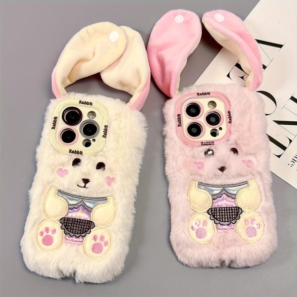 Autumn and Winter Long Ears Bunny Plush Mobile Phone Case with Buttons Suitable for iPhone 16 Pro Max - Image 2