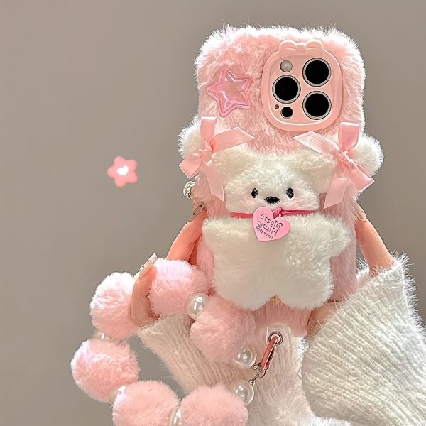 Three-Dimensional Bow Dog Plush Mobile Phone Case with Bracelet for Iphone 16 Pro Max Autumn And Winter New Plush - Image 6