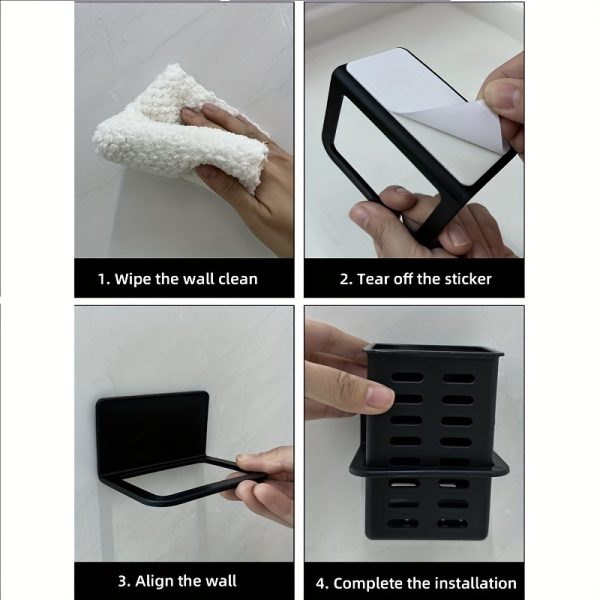 Black Toothpaste Holder and Toothbrush Holder Wall-mounted Storage Box for Bathroom Toiletries, Mobile Phone, Air Conditioner Remote Control Storage Box, Hanging Bracket, No Trace Installation - Image 5