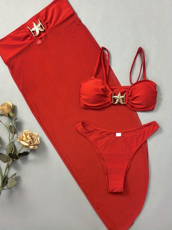 3pcs Women's Bikini Set, High Stretch, Solid Color, Semi Sheer Swimwear Bra & Panty & Split Mesh Skirt with Starfish Detail - Image 4