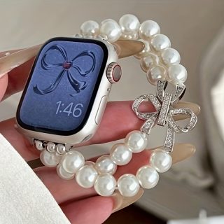 1 pearl bow Apple Watch Women's strap, compatible with Apple Watch 38/40/41/42/45/46/49mm, compatible with Apple Watch Series Ultra/SE/10/9/8/7/6/5/4/3/2/1 business sports metal strap color matching very fashionable high-end smart wristband (excluding watch) 6 pearls (wrist size about 15cm)