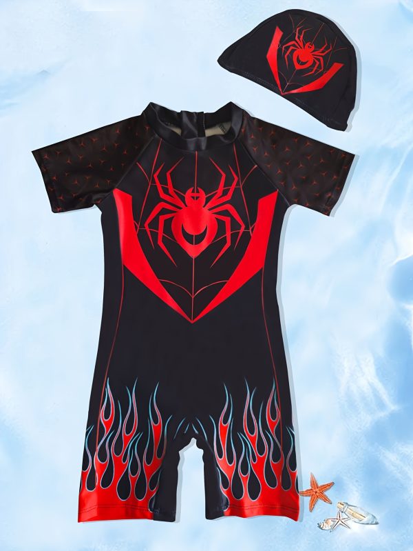 Spider Flame Print Short Sleeve One-Piece Zipper One-Piece Swimsuit Swimming Cap Fashion Leisure Water Park Pool Beach Seaside Hot Spring Vacation