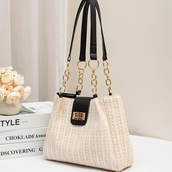 Women'S 2025 New Year Handwoven Straw Tote Bag - Black Accents, Honeycomb Pattern, Adjustable Shoulder Strap, Kiss Lock Closure, Machine Washable, Beach & Casual Style, Casual Tote Bag|Honeycomb Pattern Bag|Durable Handle Bag - Image 2