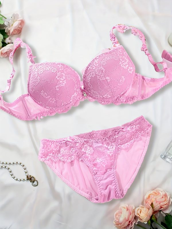 Women'S Sexy Lace Gathered Adjustable Push-Up Bra Underwear Set, Elegant Style Bra Set, Lace Panties, Soft, Breathable And Comfortable, Purple - Image 2
