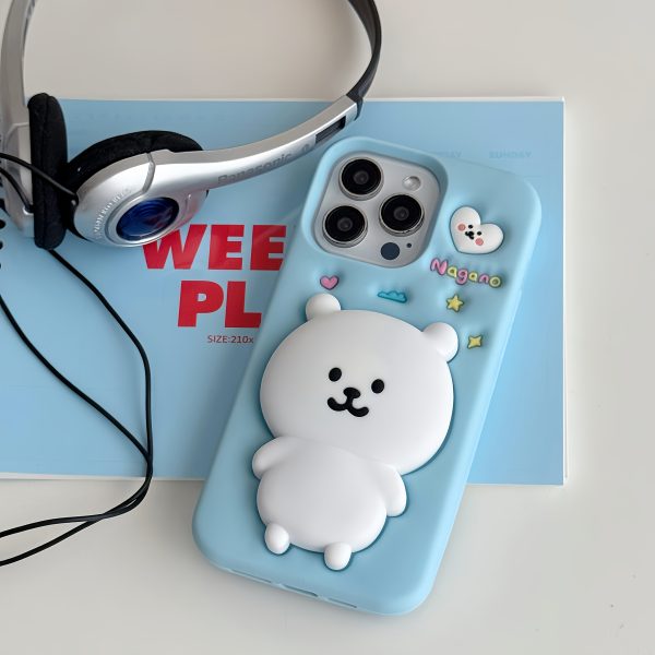 Cute Bear Stand Phone Case for iPhone 13/14/15/16 Pro/Max | Anti-Drop Silicone Soft Cover - Light Blue, Adorable & Stylish Protective Case - Image 8