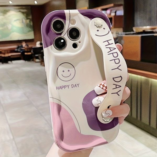 A White And Purple Dual-Tone Smiley Face Phone Case with a Cream Shell And Wrist Support, Featuring a Minimalist Design, Compatible with Models 16/16Plus/16Pro/16Promax/15/15Plus/15Promax/14/14Plus/14Pro/14Promax, 13/13Pro/13Promax, 12/12Pro/12Promax, 11/11Pro Max. - Image 5