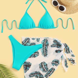 Women's Fashion Leaf Print Bikini Skirt Set