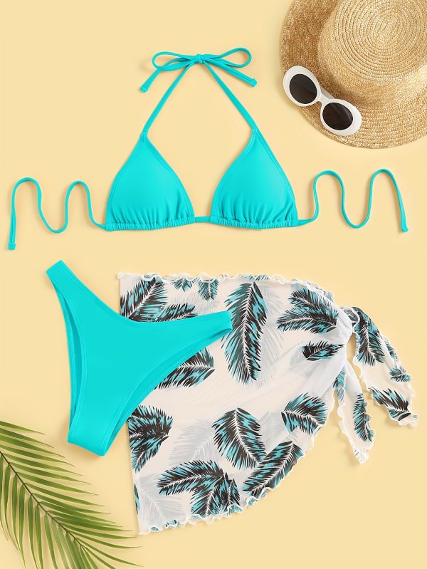 Women's Fashion Leaf Print Bikini Skirt Set