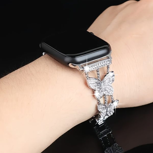 1pc Women Girls New Butterfly Diamond Buckle Metal Watch Bracelet Compatible with Apple Watch Band Series 10 9 8 7 6 5 4 3 2 1 38/40/41/42/44/45/46/49mm Super 1/2 SE iWatch Strap is a perfect gift for party, banquet, vacation and daily wear. - Image 3
