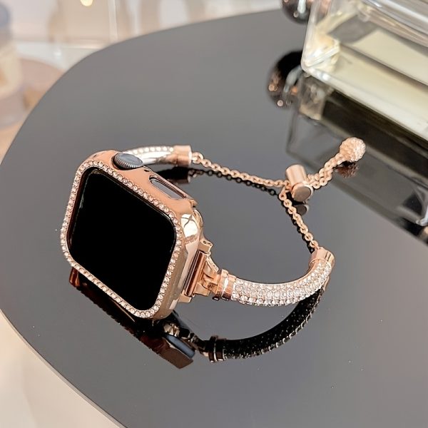 Rose Golden Star Pattern Watch Band with Artificial Gemstone, Adjustable Cord Buckle Clasp, Anti-Fall Protective Case, Compatible with iWatch Series 1-10, Valentine'S & Mother'S Day Gift - 38/40/41/42/44/45/46/49mm - Image 13