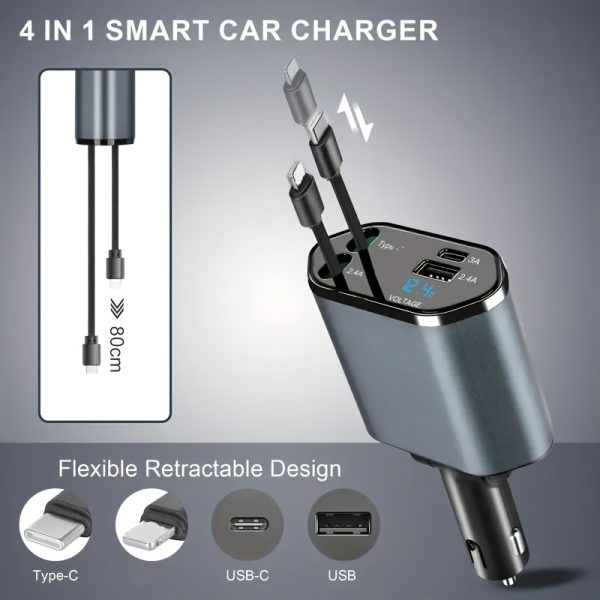 4-in-1 Fast Car Charger, with Retractable 66W Max66W, Adjustable 180° Plug, Includes 79.25cm Extendable Cable, USB & Type-C Ports, PD & QC3.0, Compatible with iPhone 16/15/14/13/12/11 & Android Devices, Ideal for Car Cup Holder, Quick Charge Car Charger by SAN.COMO - Image 5