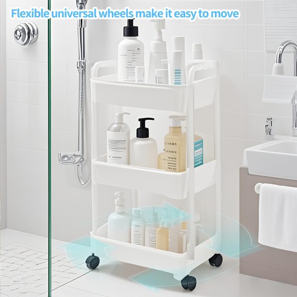 Three-Tier Expandable Bath Storage Cart, White, Plastic, Freestanding, Bathroom, Pull-Out Shelves, Assembled, No Golden Pipes - Image 2