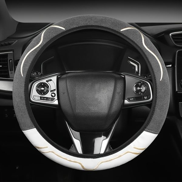 PU Leather Steering Wheel Cover - Soft Touch, Durable & Breathable, Anti-Slip Grip for 35.81-38.1 cm Wheels, Fits Sedans, SUVs, Vans, and More, Stylish Dark Gray with Golden Accents, Allseason Driving | Sleek Car Accessory | Breathable Material, Bling Steering Wheel Cover - Image 10