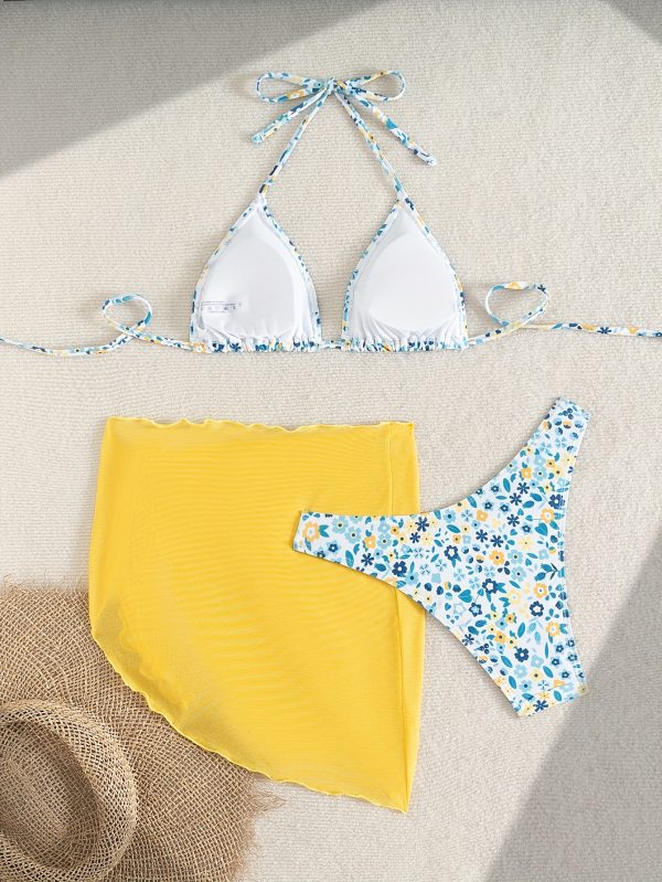 Women's Fresh Floral Mesh Bikini Three-Piece Set - Image 3