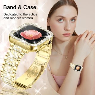 Shiny strap for, shiny case, compatible with iWatch strap 38/40/41/42/44/45/46/49mm elegant and fashionable rhinestone replacet metal chain wristband protective cover, suitable for series 10/9/8/7/6/5/4/3/2/1SE Golden