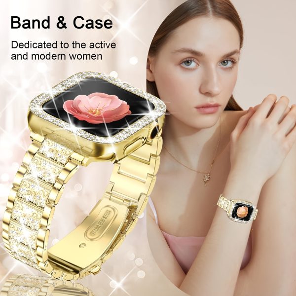 Shiny strap for, shiny case, compatible with iWatch strap 38/40/41/42/44/45/46/49mm elegant and fashionable rhinestone replacet metal chain wristband protective cover, suitable for series 10/9/8/7/6/5/4/3/2/1SE Golden