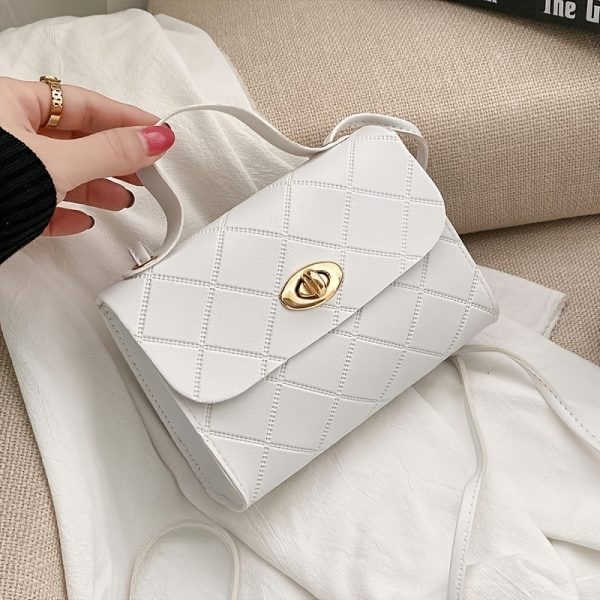 Women's Fashion Quilted Crossbody Bag - Stylish Solid Color Shoulder Purse with Twist Lock Closure, Adjustable Strap & Golden Accents, Pattern Design, Available in Black, Red, Pink, Brown & White, Durable PU Material, Perfect for Casual or Formal Occasions, Crossbody Purse, Evening Accessory, Quilted Texture, Goldtone Hardware - Image 12