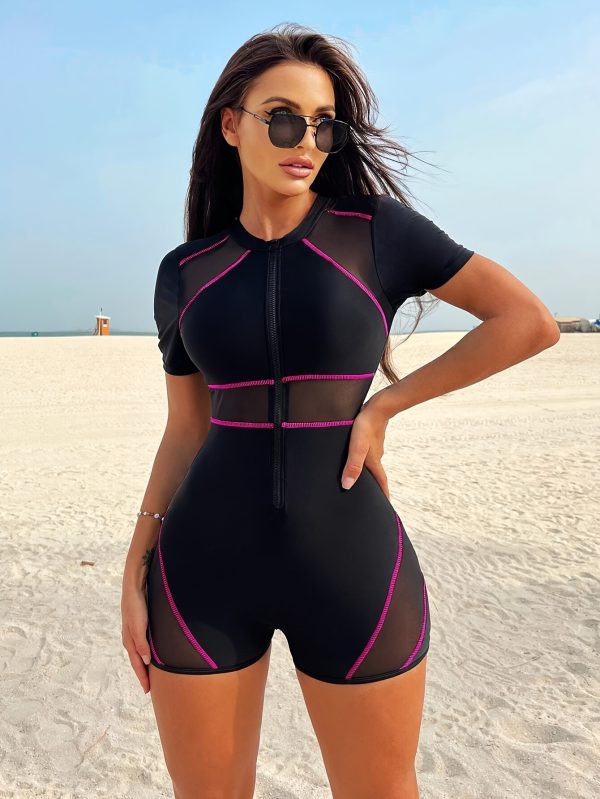 New Sexy Semi-Transparent Women'S One-Piece Swimsuit Short-Sleeved Boxer Shorts Beachwear - Image 4