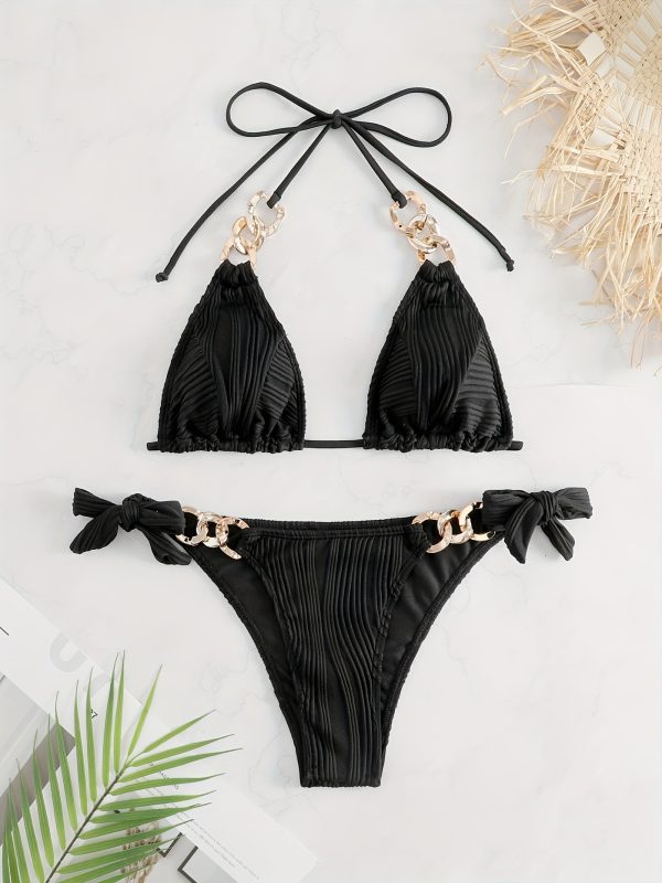 Stripes Ruched Texture Golden Chain Ring Link Halter 2 Piece Set Bikini, Bow Tie Side Triangle Halter Tie Neck Stretchy Swimsuit For Beach Pool Bathing, Women's Swimwear & Clothing - Image 2