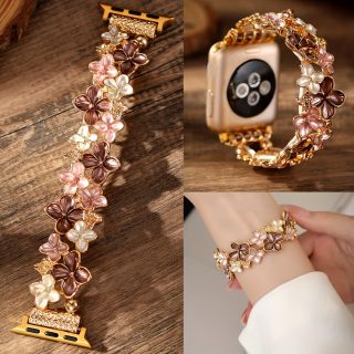 Elegant Brown & Golden Floral Zinc Alloy Watch Band with Deployant Clasp - Compatible with for apple Watch 38mm-49mm, Sizes 1-10, Ideal for Women'S Fashion, Perfect for Mother'S Day, Parties, And Festive Gifts, Gift for Women | Elegant Watch Accessory | Zinc Alloy Bracele