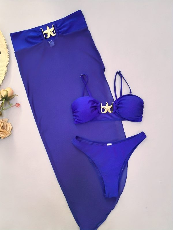 3pcs Women's Bikini Set, High Stretch, Solid Color, Semi Sheer Swimwear Bra & Panty & Split Mesh Skirt with Starfish Detail - Image 6