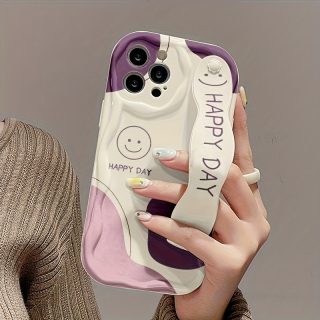 A White And Purple Dual-Tone Smiley Face Phone Case with a Cream Shell And Wrist Support, Featuring a Minimalist Design, Compatible with Models 16/16Plus/16Pro/16Promax/15/15Plus/15Promax/14/14Plus/14Pro/14Promax, 13/13Pro/13Promax, 12/12Pro/12Promax, 11/11Pro Max.