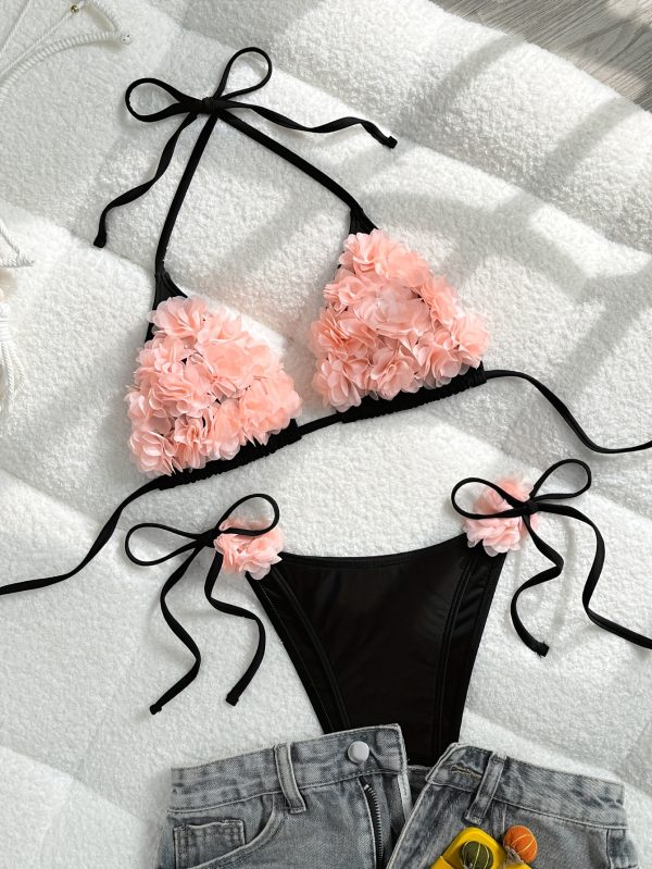 2025 New Pink 3D Floral Solid Color Sexy Bikini Swimsuit for Women European Style - Image 2