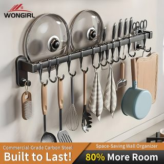 WONGIRL Carbon Steel Kitchen Organizer Rack - Ideal for Chopsticks, Knives & Seasonings | Easy Install with Adhesive or Screws