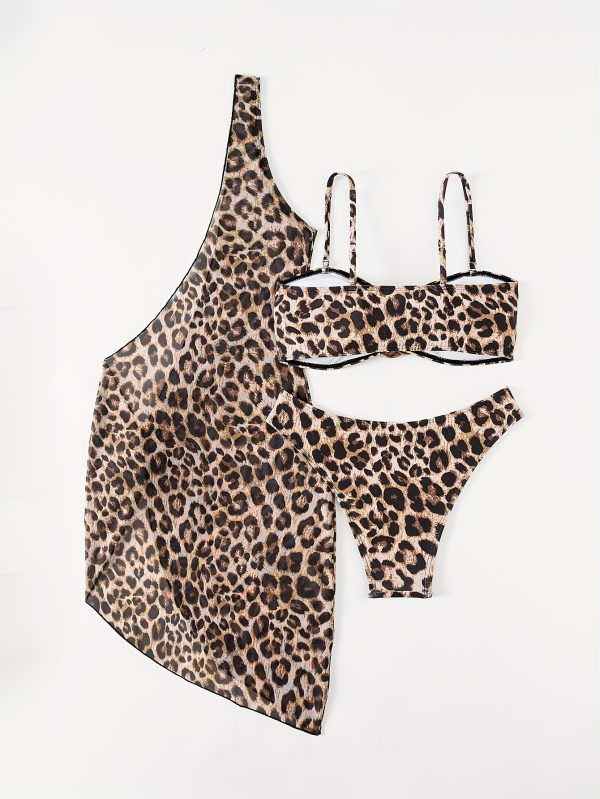 Women'S Bikini Set Three-Piece Summer New Cheetah Random Printing Full Print Leopard Print Sexy Strapless 3D Flower Mesh Beach Skirt Old Money Style Vacation Style Brown Women'S Beach Clothin - Image 8