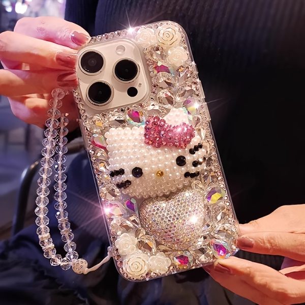Adorable Hello Kitty Full Screen Handmade Imitation Crystal Rhinestone Heart Phone Case with Bracelet Suitable for iPhone 16 15 14 13 12 11 Pro Max - Image 6