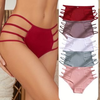 5pcs Women'S Briefs - Sexy Lace-Trimmed Underwear, Breathable & Comfortable with Ribbed Straps, Solid Colors (Red, White, Light Blue, Navy, Pink) - Elegant Design for Casual Attire, Everyday Underwear | Sexy Lace Trim | Comfortable Fit