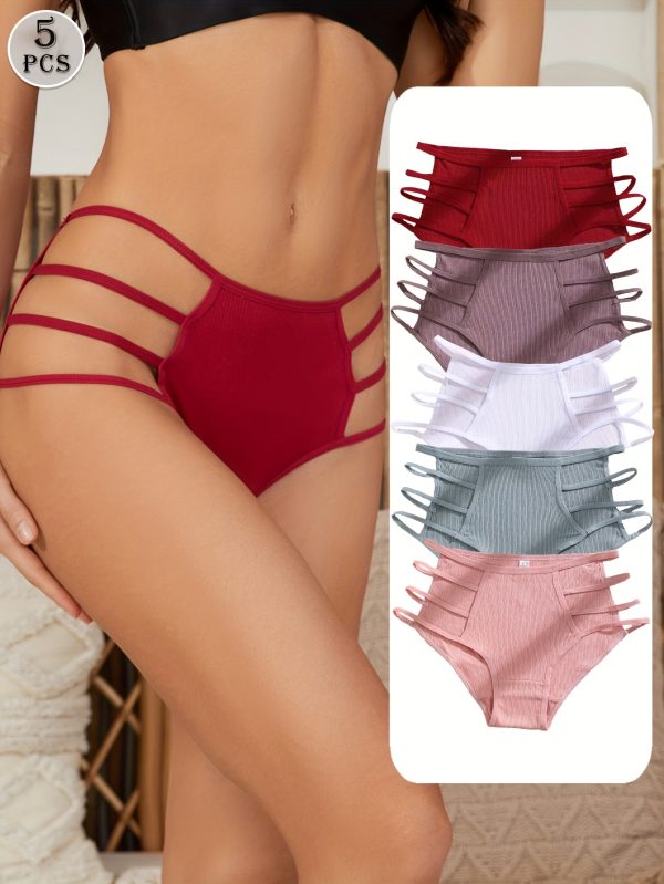 5pcs Women'S Briefs - Sexy Lace-Trimmed Underwear, Breathable & Comfortable with Ribbed Straps, Solid Colors (Red, White, Light Blue, Navy, Pink) - Elegant Design for Casual Attire, Everyday Underwear | Sexy Lace Trim | Comfortable Fit