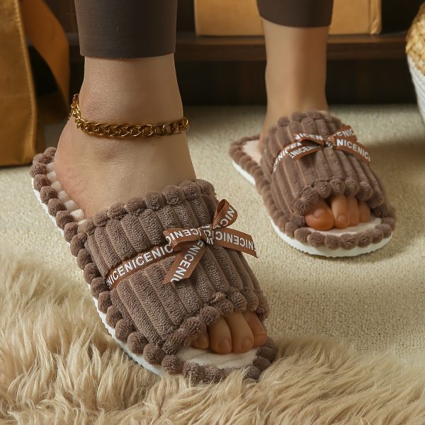 Women's All-Season Open-Toe Slip-On Slippers with Bow Detail - Soft Corduroy Fabric, Cushioned EVA Sole & Silent Non-Slip Indoor House Shoes for Home, Wedding Guest Comfort, Ladies Slippers, Scalloped Edge Design - Image 12