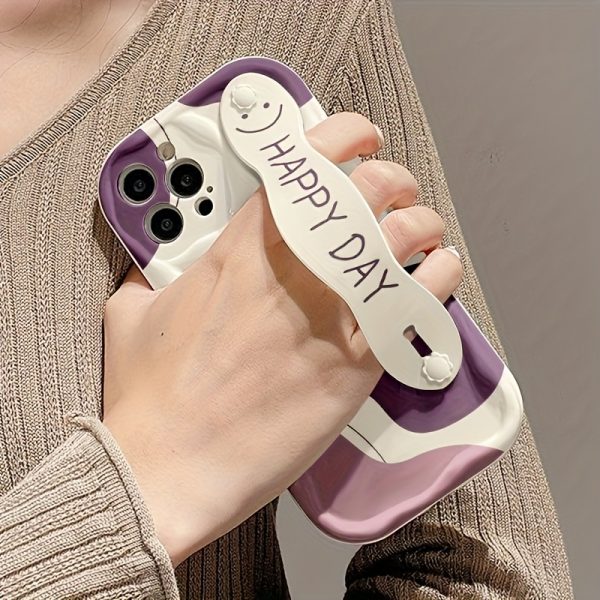 A White And Purple Dual-Tone Smiley Face Phone Case with a Cream Shell And Wrist Support, Featuring a Minimalist Design, Compatible with Models 16/16Plus/16Pro/16Promax/15/15Plus/15Promax/14/14Plus/14Pro/14Promax, 13/13Pro/13Promax, 12/12Pro/12Promax, 11/11Pro Max. - Image 9