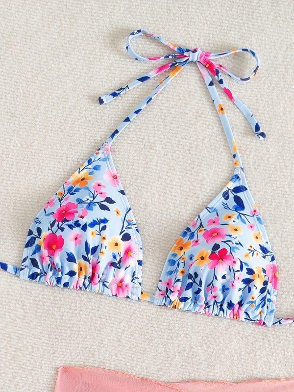 Women'S Fresh Floral Mesh Bikini Three-Piece Set - Sexy Lace-Up Halter Neck, Backless, and Bottoms with High Stretch Fabric, Perfect for Casual Beach Wear, Beach Attire|Floral Print|Stretchy Fabric - Image 3