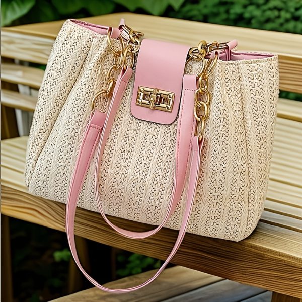 Women'S 2025 New Year Handwoven Straw Tote Bag - Black Accents, Honeycomb Pattern, Adjustable Shoulder Strap, Kiss Lock Closure, Machine Washable, Beach & Casual Style, Casual Tote Bag|Honeycomb Pattern Bag|Durable Handle Bag - Image 7