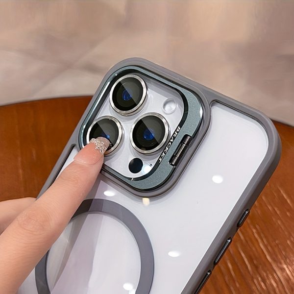 Luxury Transparent Magnetic Wireless Charging Metal Lens Bracket Case Compatible with for Iphone 16 15 14 13 12 11 Pro Max Plus with Lndependent Lens Protector Acrylic Backboard Shockproof Armor Clear Cover - Image 5