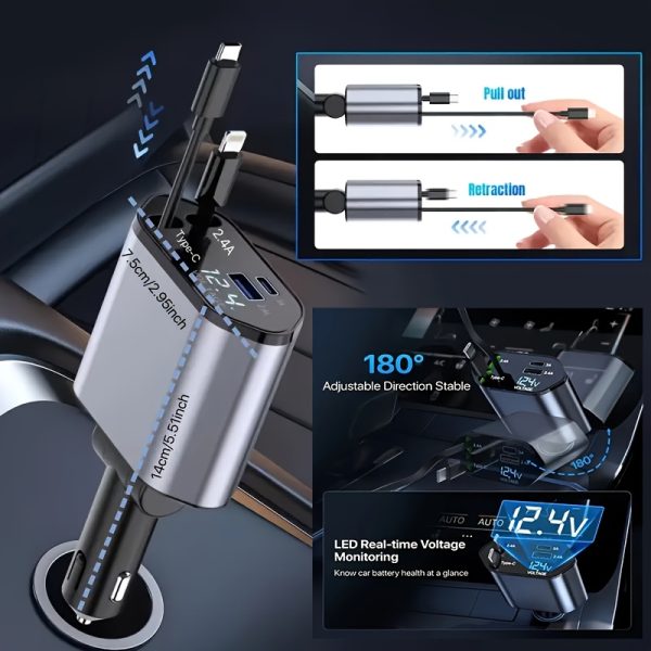 4-in-1 Fast Car Charger, with Retractable 66W Max66W, Adjustable 180° Plug, Includes 79.25cm Extendable Cable, USB & Type-C Ports, PD & QC3.0, Compatible with iPhone 16/15/14/13/12/11 & Android Devices, Ideal for Car Cup Holder, Quick Charge Car Charger by SAN.COMO - Image 2