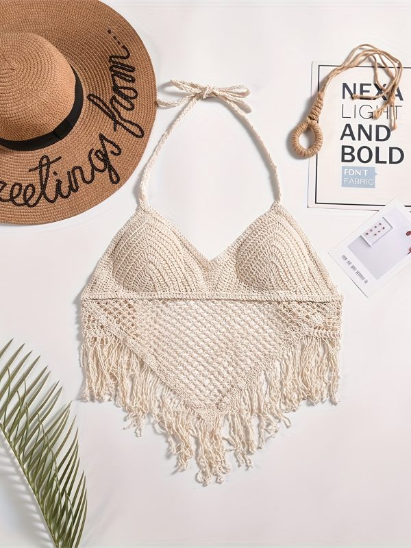 Fringe Hanky Plain Crochet Boho Beach Top, Halter Hollow Out Paddings Top, Women'S Swimwear & Clothing for Carnival & Music Festival - Image 9
