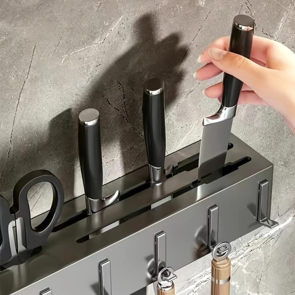 1pc No-Drill Stainless Steel Wall-Mounted Knife & Utensil Organizer - Rust-Resistant Non-Magnetic Space-Saving Kitchen Storage with Chopstick Holder, Knife Slots & Hooks for Knives, Spatulas, Whisks, Kitchen Organizers And Storage, Sleek Design, Durable Construction, Home Chefs, Minimalist Design, Sturdy Construction, Professional Cooks - Image 3