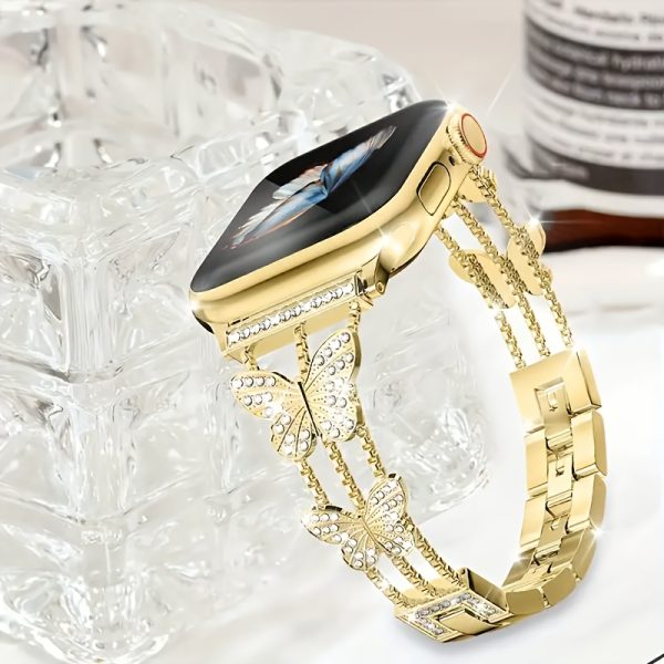 1pc Women Girls New Butterfly Diamond Buckle Metal Watch Bracelet Compatible with Apple Watch Band Series 10 9 8 7 6 5 4 3 2 1 38/40/41/42/44/45/46/49mm Super 1/2 SE iWatch Strap is a perfect gift for party, banquet, vacation and daily wear.