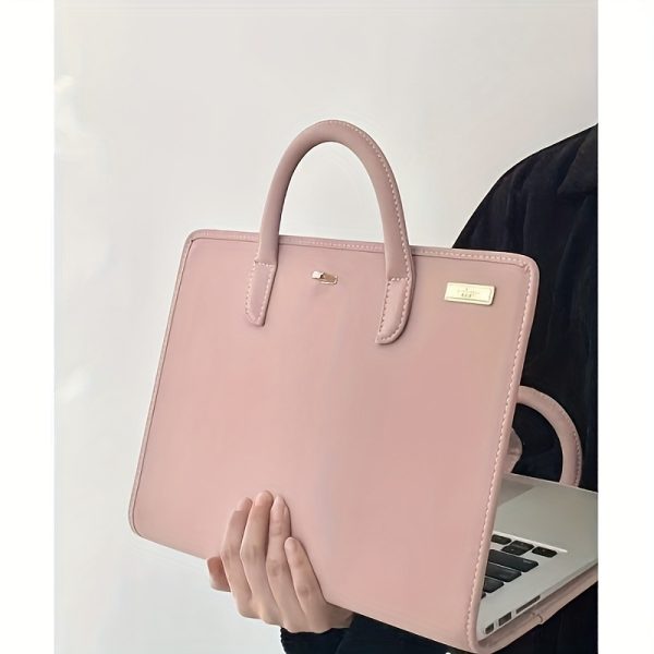 14-inch Laptop Sleeve Case - Pink Faux Leather Foldable Handbag with Multiple Compartments, Adjustable Shoulder Strap & Mesh Pocket for Tablet, Notebook, and Accessories, Tablet Storage Bag | Stylish Tech Accessory | Mesh Pocket Feature, Laptop Bag - Image 3