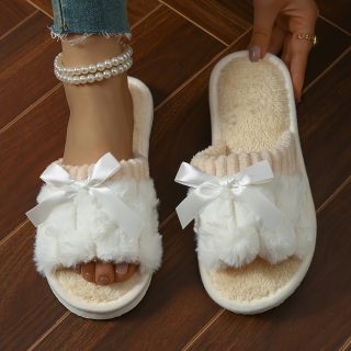 1 Pair Women'S Elegant Bowknot Plush Slippers - Soft Flannel Upper & Lightweight Cushioned Sole, Non-Slip Winter House Shoes with Contrast Color Design, All-Season Cozy Indoor/Outdoor Comfort, Perfect Gift for Home & Casual Wear, Winter Footwear, Bowknot Design, Soft Fabric Insole
