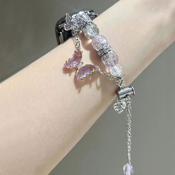 Elegant Beaded Chain Bracelet Charm for Apple Watch Ultra SE Series 10-1, 38mm-49mm, Adjustable Jewelry Strap with Butterfly & Flower Accents, Ideal for Valentine'S Day or Birthday Gift ( only Bracelet - Image 4