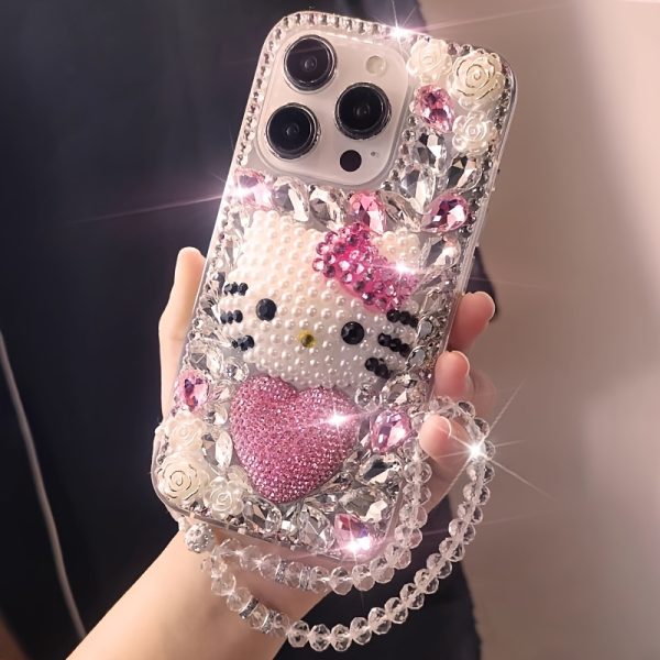 Adorable Hello Kitty Full Screen Handmade Imitation Crystal Rhinestone Heart Phone Case with Bracelet Suitable for iPhone 16 15 14 13 12 11 Pro Max - Image 8